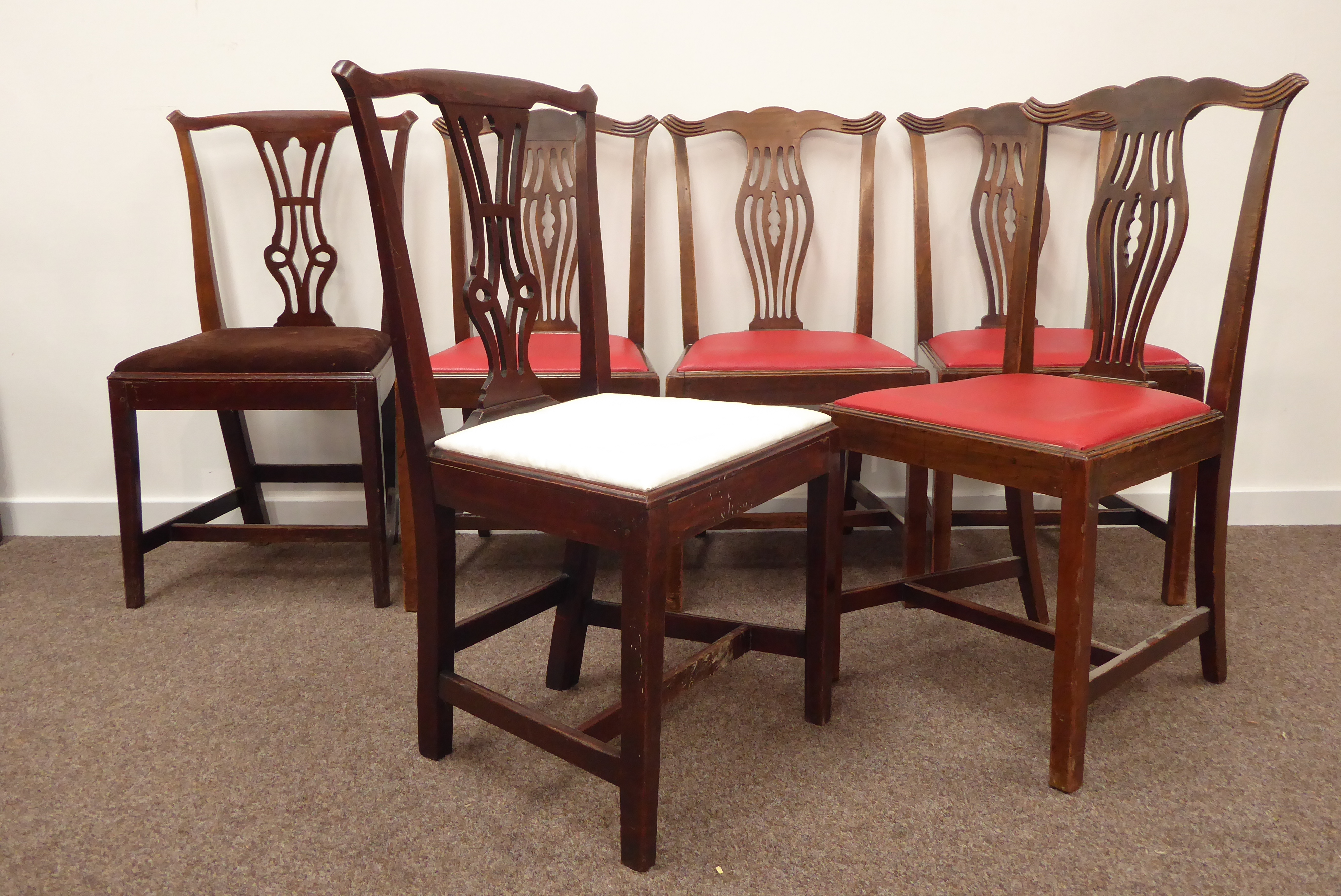 Set four Georgian mahogany Chippendale design dining chairs, shaped and reeded cresting rail,