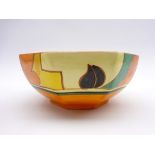 Wilkinson Fantasque Clarice Cliff octagonal bowl painted with stylised Feather and Leaves pattern