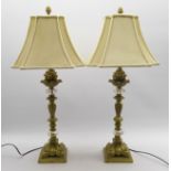 Pair gilded classical table lamps with glass detail, tapered silk shades,