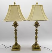 Pair gilded classical table lamps with glass detail, tapered silk shades,