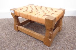 'Mouseman' Yorkshire oak stool by Robert Thompson of Kilburn, with woven leather top,