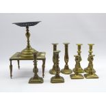 4 pairs of various brass candlesticks,