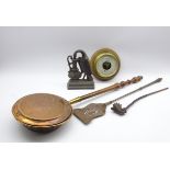 North American pipe, warming pan, carved Chinese panel, cast iron doorstop,