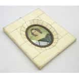 Continental miniature oval portrait of a 19th Century lady in 'piano key' bone frame 7cm x 6cm