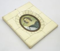 Continental miniature oval portrait of a 19th Century lady in 'piano key' bone frame 7cm x 6cm