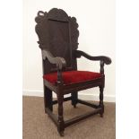 17th century oak Wainscot armchair, scroll and lozenge carved panelled back, upholstered seat,