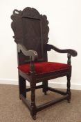 17th century oak Wainscot armchair, scroll and lozenge carved panelled back, upholstered seat,