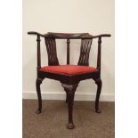 Georgian mahogany corner chair, pierced splat and turned spindles, drop in upholstered seat pad,