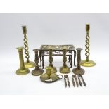 Pair of brass spiral column candlesticks H30cm, various other brass candlesticks,