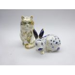 Two Royal Crown Derby paperweights 'Fifi the cat' and Blue English Rabbit' both boxed and with gold