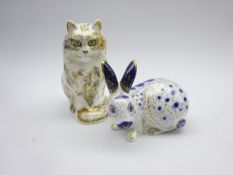 Two Royal Crown Derby paperweights 'Fifi the cat' and Blue English Rabbit' both boxed and with gold