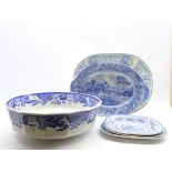 19th century blue and white transfer printed meat plates Clews Spode printed 'Castle' pattern,