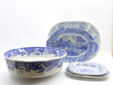 19th century blue and white transfer printed meat plates Clews Spode printed 'Castle' pattern,