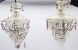 Pair of frosted glass 2 tier ceiling lights hung with lustre drops and a number of additional drops