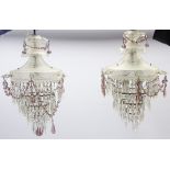 Pair of frosted glass 2 tier ceiling lights hung with lustre drops and a number of additional drops