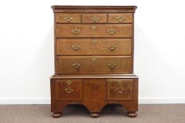 Early Georgian burr walnut chest on associated stand, the top having a projecting cornice,