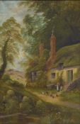 C F Watson, British (19th/20th century): Figures outside a country cottage, oil on canvas,