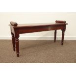 20th century mahogany window seat, turned fluted sides on rectangular top, turned supports, W117cm,