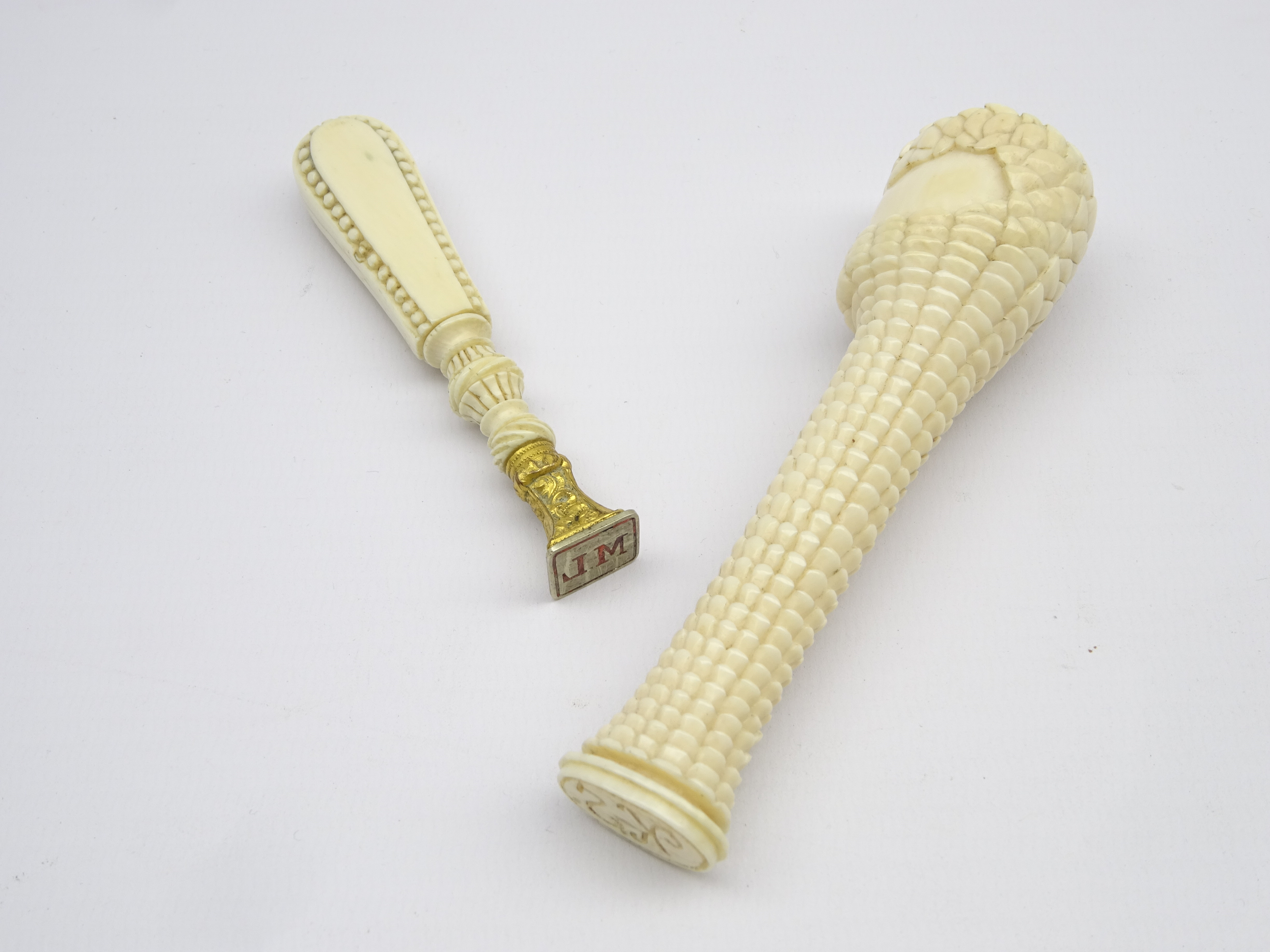 19th Century ivory desk seal engraved with initials L12cm and another,