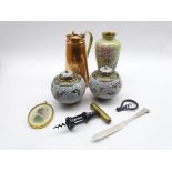 Pair Cloisonne jars, Cloisonne vase, copper lead lined water jug, two corkscrews,
