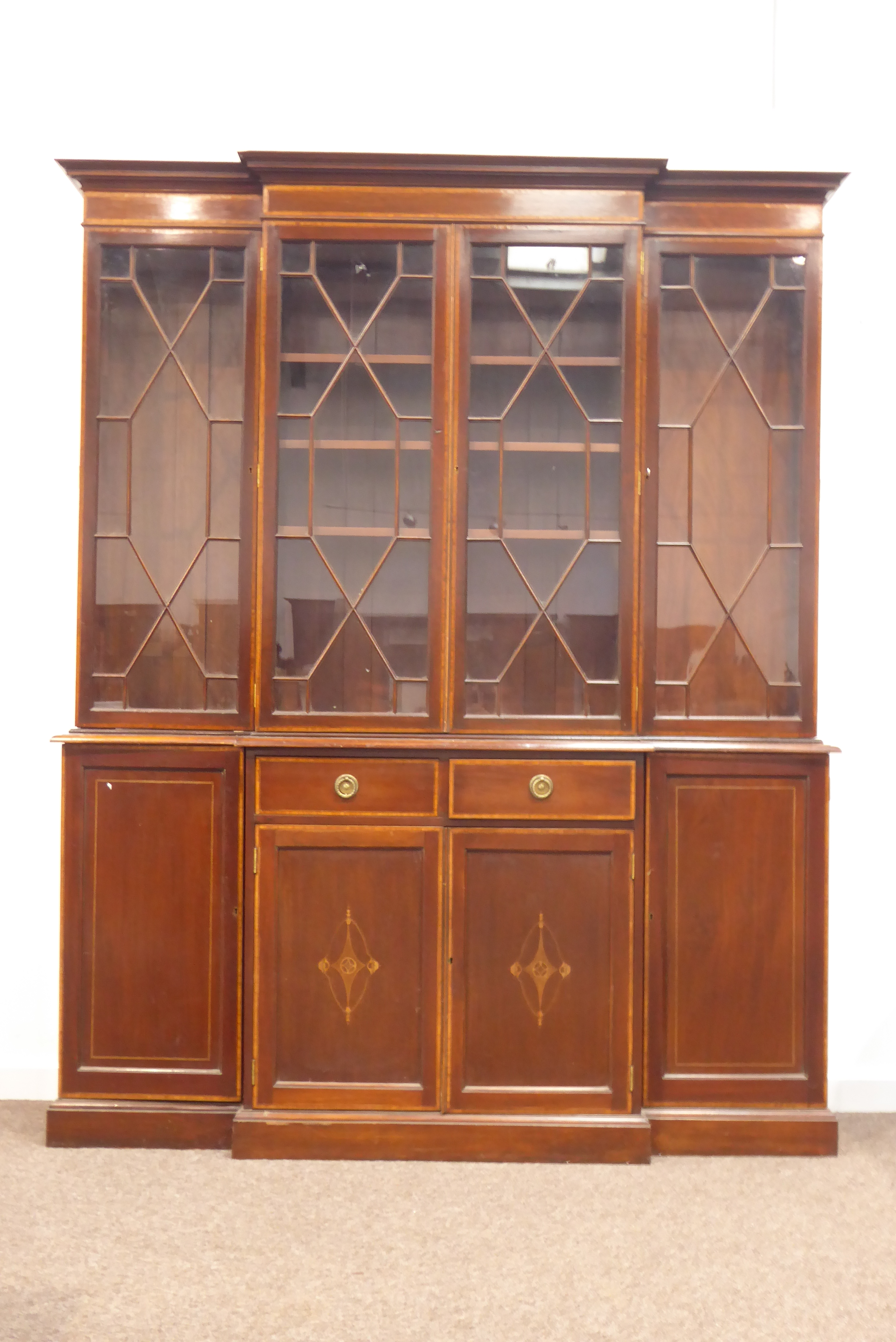 Edwardian mahogany break front bookcase on cupboard, - Image 3 of 4