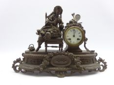 19th Century French mantel clock with white dial and bell strike in Spelter case with a figure in a