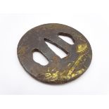 Japanese iron Tsuba with gilt decoration 6cm x 5.