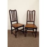 Pair 18th century country oak high back chairs, shaped top rail, moulded slats, panelled seat,
