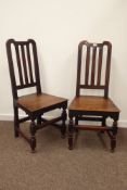 Pair 18th century country oak high back chairs, shaped top rail, moulded slats, panelled seat,
