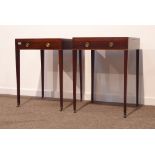 Pair of George III mahogany tray top tables, the square tops having raised edge,