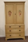 Early 19th century painted pine linen press, projecting cornice above two paneled doors,