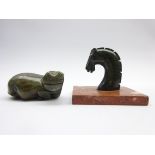 'Grand Tour' paperweight with a serpentine horses head on a marble plinth 11cm x 8cm and a carved