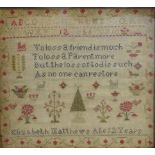 19th Century needlework sampler by Elizabeth Matthews aged 12 years with alphabet numerals and