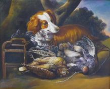 Brian Priest (British Contemporary): Spaniel with Dead Game, oil on canvas unsigned,