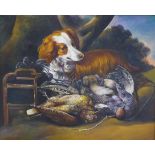 Brian Priest (British Contemporary): Spaniel with Dead Game, oil on canvas unsigned,