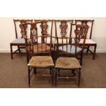 Set five 19th century oak ribbon back side chairs, pierced splat, drop in seat,