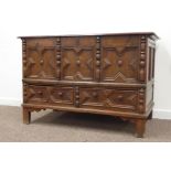 19th century oak mule chest, moulded rectangular top above triple geometric fielded panelled front,