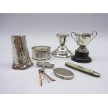 Silver bladed and mother of pearl fruit knife, small silver candlestick,