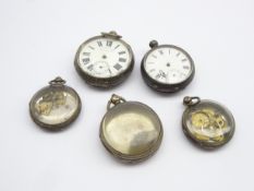 Two open faced pocket watches in silver cases and 3 silver pocket watch cases Condition