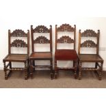 Harlequin set of four 18th century oak Derbyshire chairs, scrolled carved back,