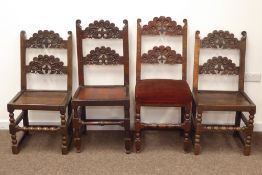 Harlequin set of four 18th century oak Derbyshire chairs, scrolled carved back,