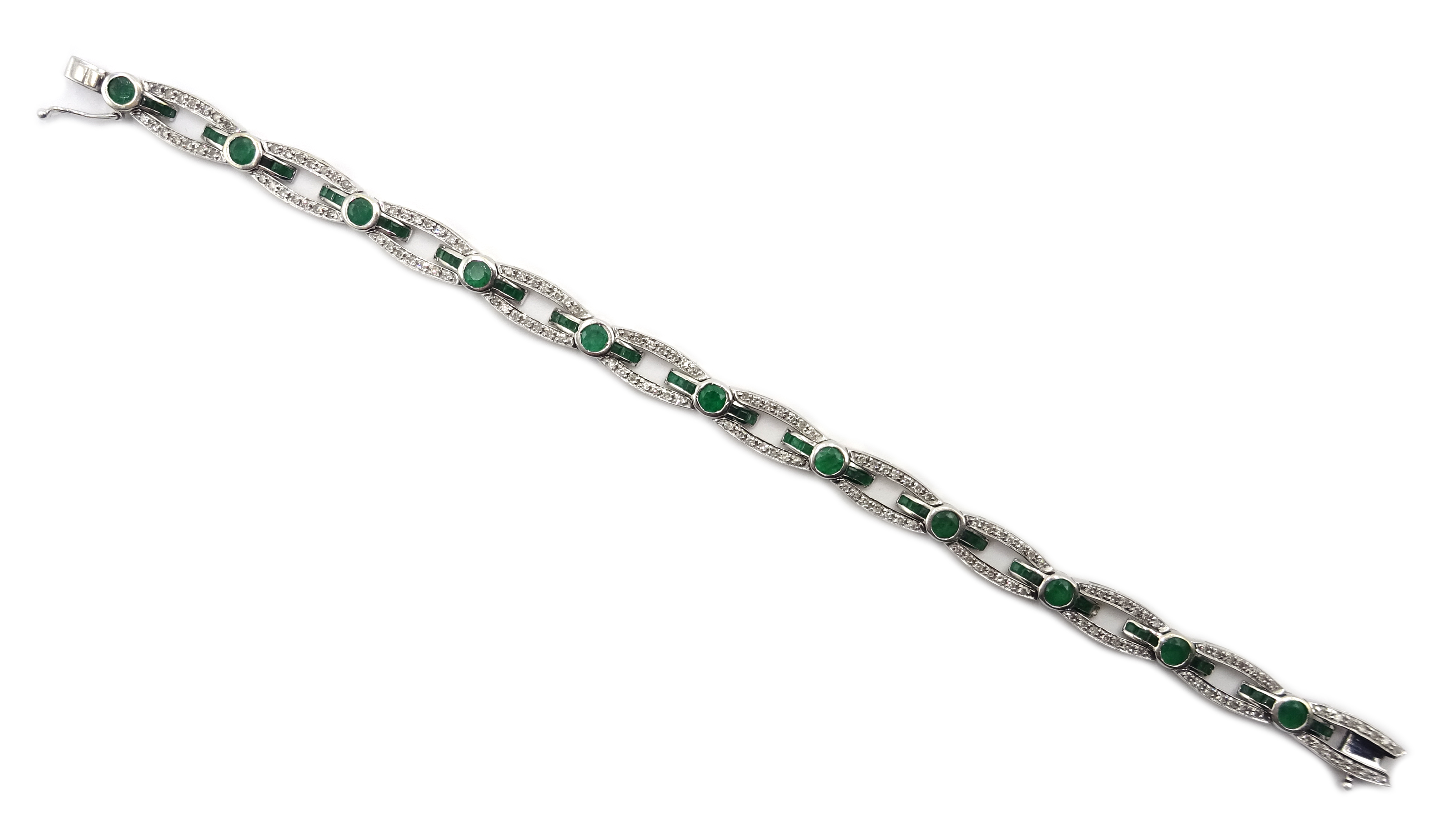 White gold round and calibre cut emerald and round brilliant cut diamond link bracelet, - Image 2 of 4