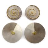 Pair of Greek silver and 18ct gold, spinning swirl circular stud earrings, stamped 925,