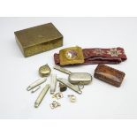 Six silver and mother of pearl fruit knives, seal fob, 2 plated sovereign cases,