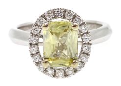 White gold yellow sapphire and diamond cluster ring, hallmarked, sapphire approx 1.