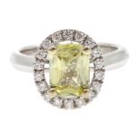 White gold yellow sapphire and diamond cluster ring, hallmarked, sapphire approx 1.