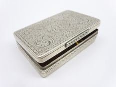 Victorian silver snuff box with engraved decoration and cartouche, gilded interior 7cm x 4.