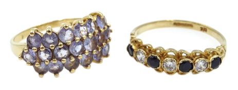 Gold three row tanzanite ring, stamped 14K and gold cubic zirconia ring,