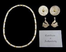 Greek silver and 18ct gold necklace with certificate, pair of silver and gold circular earrings,