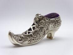 Edwardian silver pin cushion in the form of a shoe with pierced and embossed decoration 11cm x 5.